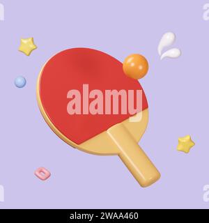 3D-Zeichentrick Tischtennissportausrüstung isoliert auf Pastellhintergrund. Symbolsymbol Beschneidungspfad. Bildung. 3D-Rendering-Abbildung Stockfoto