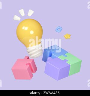Farbiges Puzzle-Puzzle-Würfelmodell mit Glühbirne auf pastellfarbenem Hintergrund. Teamwork, Symbol für Geschäftsgruppen. Symbol isoliert auf Pastellhintergrund Stockfoto