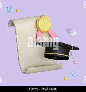 3D einfaches Zertifikat oder Diplom-Symbol mit gelbem Stempel und Graduiertenhut isoliert auf Pastellhintergrund. Symbolsymbol Beschneidungspfad. Bildung. 3D Stockfoto