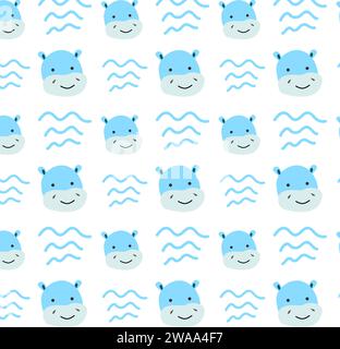 Niedliches Nilpferd und schlichtes Wellenmuster. Vektor-Illustration für Kinderzimmer-Design, Baby-Tier-Hintergrund. Stock Vektor