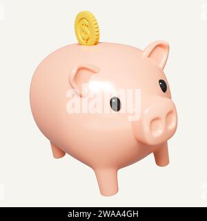 Schweinebank mit Dollar-Goldmünzen. Geld kreatives Geschäftskonzept. Sichere Finanzinvestitionen. Finanzdienstleistungen. Symbol isoliert auf weißem Hintergrund Stockfoto