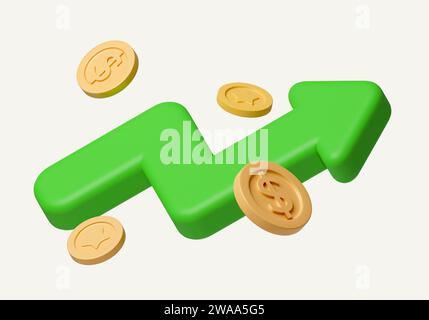 Grüner Pfeil und Münze fliegen auf weißem Hintergrund. Finanzieller Erfolg und Wachstumskonzept. Symbol isoliert auf weißem Hintergrund. 3D-Darstellung Stockfoto
