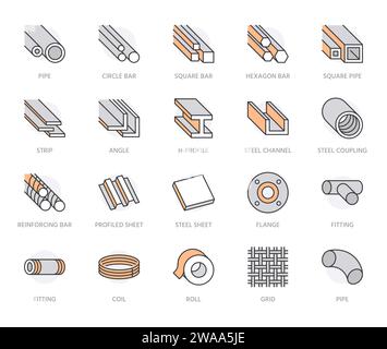 Set mit flachen Symbolen aus Edelstahl. Abbildungen von Blechen, Spulen, Streifen, Rohren, Ankervektoren. Umrissschilder für metallurgische Produkte Stock Vektor