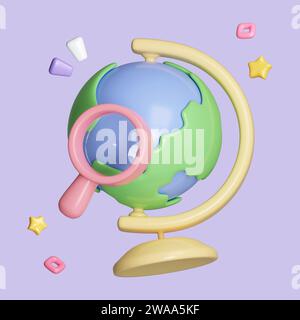 Cartoon Erdkugel und Lupe Suchkonzept. Planet Erde Modell mit Weltkarte auf Basis isoliert auf Pastellhintergrund. 3D-Rendering Stockfoto
