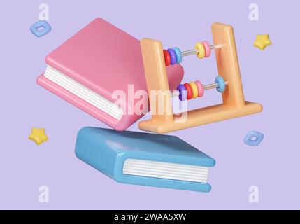 3D-Zeichentrick des Buches mit Abacus isoliert auf Hintergrund. Symbolsymbol Beschneidungspfad. 3D-Rendering-Abbildung Stockfoto