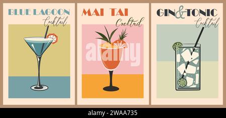 Cocktails Retro-Poster-Set, Vintage-Vektordruck. Stock Vektor