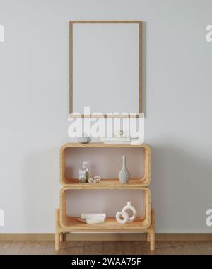 Stellen Sie den Posterrahmen auf dem Schrank im Wohnzimmerinnenraum nach. 3D-Rendering-Abbildung Stockfoto