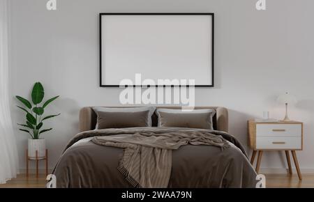 Horizontaler Rahmen in gemütlichem Schlafzimmer. 3D-Rendering-Abbildung Stockfoto