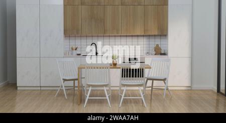 Moderne und gemütliche, helle Küche, Esszimmer mit Holz- und Marmordekor. 3D-Rendering-Abbildung Stockfoto