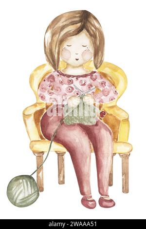 Handgezeichnete Aquarellstrickfrau, die auf der Sessel-Illustration sitzt. Garnbällchen Clipart, Kunsthandwerk und Hobbys ClipArts, Grafiknadeln Stockfoto