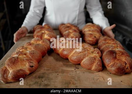 Bäckerin hält Tablett mit frisch gebackenem, geflochtenem Brötchen Stockfoto