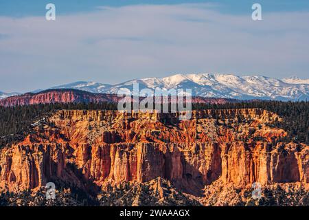 Panoramablick über den Bryce Canyon von einem hohen Aussichtspunkt aus, Schnee auf dem Boden, klarer blauer Himmel, Wald, Hoodoos. Ferne Berge. Stockfoto