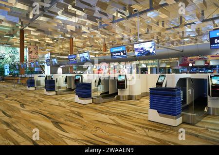 SINGAPUR - 07. NOVEMBER 2023: Gepäckabgabe im Terminal 3 des Flughafens Singapur Changi. Stockfoto