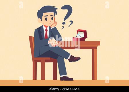 Zweifelhafter Geschäftsmann, sitzender Blick auf Ehering, Sorge Angst Zweifel, schwieriges Entscheidungszeitkonzept, minimale flache Zeichentrickillustration Stockfoto