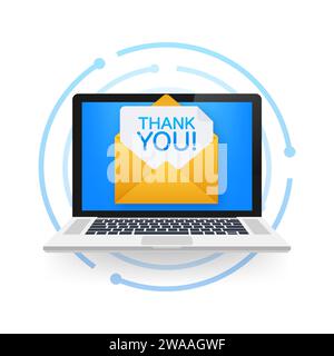 Laptop-E-Mail-Benachrichtigung mit Danksagung Vektor-Illustration - Eine zeitgenössische Darstellung der Dankbarkeit über digitale Kommunikation. Stock Vektor