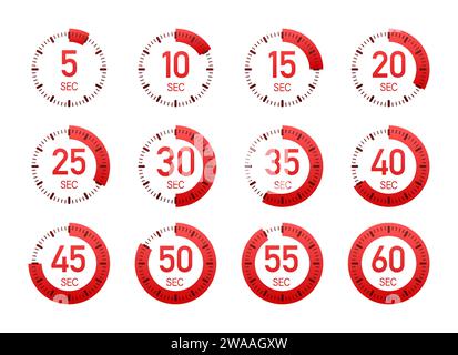 Satz roter Küchen-Timer mit verschiedenen Zeitintervallen Vektor-Illustration für Stockbild-Websites Stock Vektor