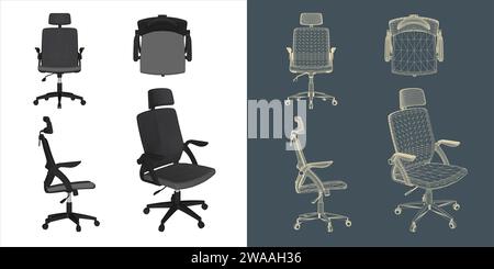 Set aus ergonomischem Stuhl Wireframe Vektor Konzept Blueprint für Büro, Besprechungsraum und Konferenz Stock Vektor