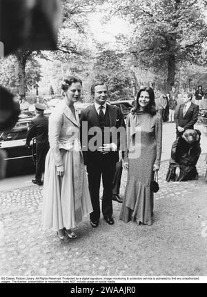 Carl XVI. Gustaf, König von Schweden. Geboren am 30. april 1946. König Carl XVI. Gustaf, Königin Silvia mit Königin Margrethe von Dänemark 1981. Stockfoto