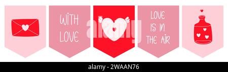Valentinstag mit Liebesbrief, Cupid Herz, Liebestrank auf weißem Hintergrund. Papiergirlande für Feiertagsdekoration am 14. Februar Stock Vektor