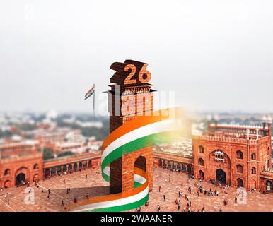 Wir feiern den 26. Januar, den Tag der Republik Indien vom Red Fort aus. Eine kreative Designvorlage für Poster, Banner, Werbung usw. Happy Republic Day. Stockfoto