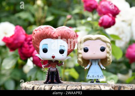 Funko Pop Actionfiguren von Red Queen und Alice im Wunderland. Rote und weiße Rosen, grüne Blätter, Sommerblumengarten, Holzstumpf. Stockfoto