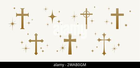 Sammlung christliches religiöses Kreuz. Symbol Religion Kreuz auf weißem Hintergrund, glänzende goldene Sterne. Heilige Ikone Gebetskreuz, religiöses Symbol, Sternen des christlichen Glaubens. Vektorabbildung Stock Vektor