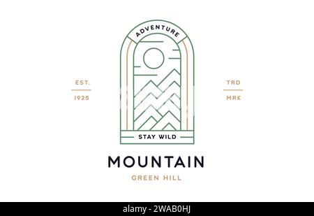 Label Für Die Landschaft Von Mountain Hill. Minimalistische Strichart-Logo-Vorlage. Einfaches, modernes Design mit grafischem Abzeichen für Berglandschaften. Symbollinie Symbol Bergberg Landschaftsschild. Vektorabbildung Stock Vektor