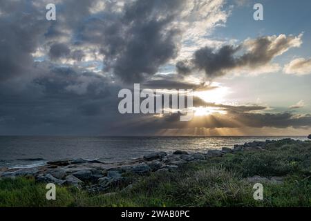 Sonnenaufgang über dem Meer am Maroubra Beach, Randwick, Sydney, Australien. Sonnenstrahlen durchbrechen die Wolken und die Küstenvegetation im Vordergrund. Stockfoto