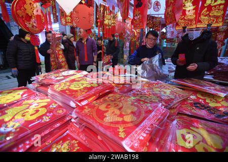 SHENYANG, CHINA - 3. JANUAR 2024 - Menschen kaufen Frühlingsfestkissen, Laternen und Puppen auf einem Großmarkt in Shenyang, Nordostchinas Liaon Stockfoto