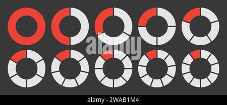 Hohlkreis unterteilt in 1-10 Teile Symbolsatz. Hohlkreis-Segment-Diagramm in 1-10 Teilen Diagramm Symbol Kreisform Schnittdiagramm in Rot und weiß. Stock Vektor