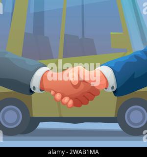 Ein Händlerhandschlag mit dem Auto im Hintergrund Stock Vektor
