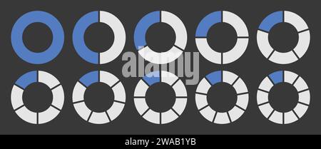 Hohlkreis unterteilt in 1-10 Teile Symbolsatz. Hohlkreissegment-Diagramm in 1-10 Teilen Diagramm Symbol Kreisform Schnittdiagramm in Blau und weiß. Stock Vektor