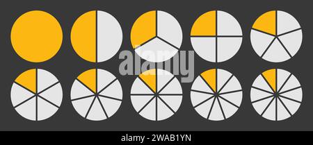 Kreis in 1-10 Teile unterteilt Symbolsatz. Diagramm mit rundem Segment in 1-10 Teilen Diagramm Symbol Kreisform Schnittdiagramm in Gelb und weiß. Stock Vektor