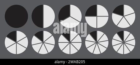 Kreis in 1-10 Teile unterteilt Symbolsatz. Diagramm für das vollständige Kreissegment in 1-10 Teilen Diagramm Symbol Kreisform Schnittdiagramm in Schwarzweiß. Stock Vektor