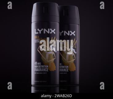 Mansfield, Nottingham, Vereinigtes Königreich, 3. Januar 2024: Studio-Produktbild von Lynx Antitranspirant, Lynx gehört Unilever. Stockfoto