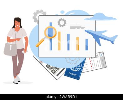 Frau mit Lupe zeigt Statistiken über den Anstieg der Verkäufe von Touren, Flugtickets, sucht nach der besten Flugoption. Vektorabbildung. Am besten Stock Vektor