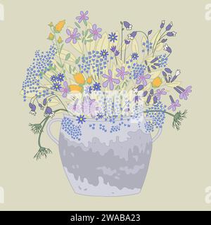 Wildblumen im Topf auf hellgrünem Hintergrund. Stock Vektor