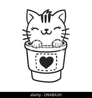 Niedliche Katze in Tee-Kaffeetasse. Niedliche, lustige Tierfigur für Valentinstag-Konzept. Lineare Vektorgrafik in Schwarzweiß Stock Vektor