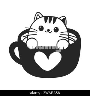 Niedliche Katze in Tee-Kaffeetasse. Niedliche, lustige Tierfigur für Valentinstag-Konzept. Lineare Vektorgrafik in Schwarzweiß Stock Vektor