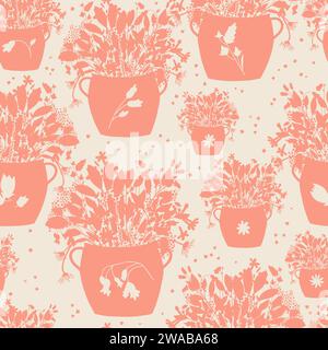 Nahtloses Muster mit Topfblumen. Pfirsichfarbene, florale Silhouetten auf beigefarbenem Hintergrund Stock Vektor