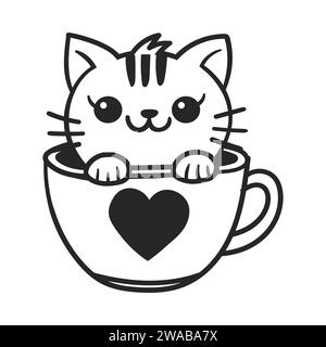 Niedliche Katze in Tee-Kaffeetasse. Niedliche, lustige Tierfigur für Valentinstag-Konzept. Lineare Vektorgrafik in Schwarzweiß Stock Vektor
