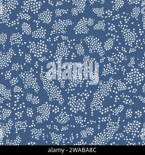 Blaues nahtloses Muster mit weißen Blumensilhouetten. Einfaches gestreutes Wiederholungsmuster Stock Vektor