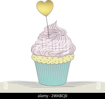 Cupcake mit goldenem Herz in Pastell Stock Vektor