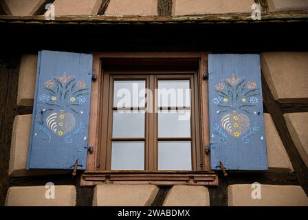 Typische Fachwerkfassade mit blauen handbemalten Holzfenstern in Dambach-la-Ville Elsace, Frankreich. Stockfoto