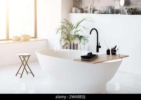 Geräumiges, modernes Badezimmer mit eleganter freistehender Badewanne Stockfoto