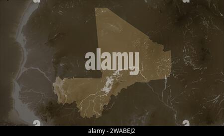 Mali wird auf einer in Sepia-Tönen farbigen Höhenkarte mit Seen und Flüssen hervorgehoben Stockfoto