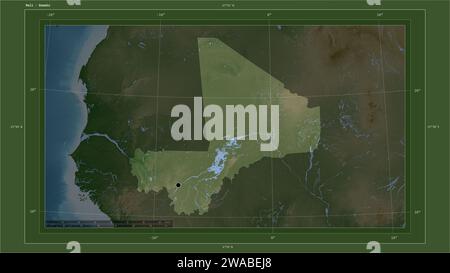 Mali wird auf einer blassfarbenen Höhenkarte mit Seen- und Flusskarte mit Landeshauptstadt, kartographischem Raster, Entfernungsskala und Karte hervorgehoben Stockfoto