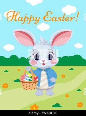 Vektorabbildung. Niedlicher Karikaturhase mit einem Korb mit Ostereiern auf einer Frühlingswiese mit Blumen im flachen Stil. Vorlage für eine Grußkarte Stock Vektor