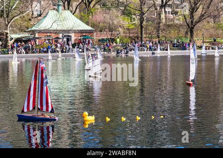 Das Conservatory Water im Central Park verfügt im Frühjahr, NYC, USA 2018 über Fernsteuerungssegelboote Stockfoto