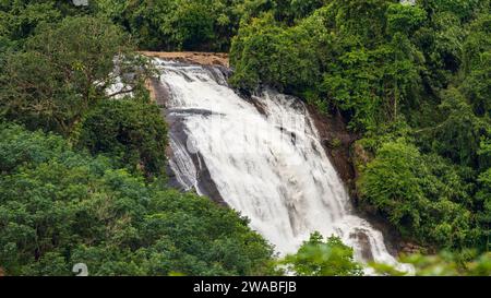 Der Thommankuthu Wasserfall in Kerala, Indien, ist eine kaskadierende Schönheit mit sieben Ebenen. Umgeben von üppigem Grün bietet es einen erfrischenden Rückzugsort. Stockfoto